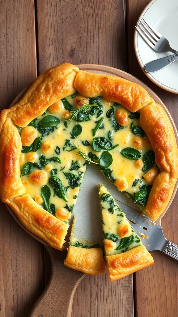 A golden brown spinach quiche with a flaky crust, slice removed, on a wooden table with herbs on top.